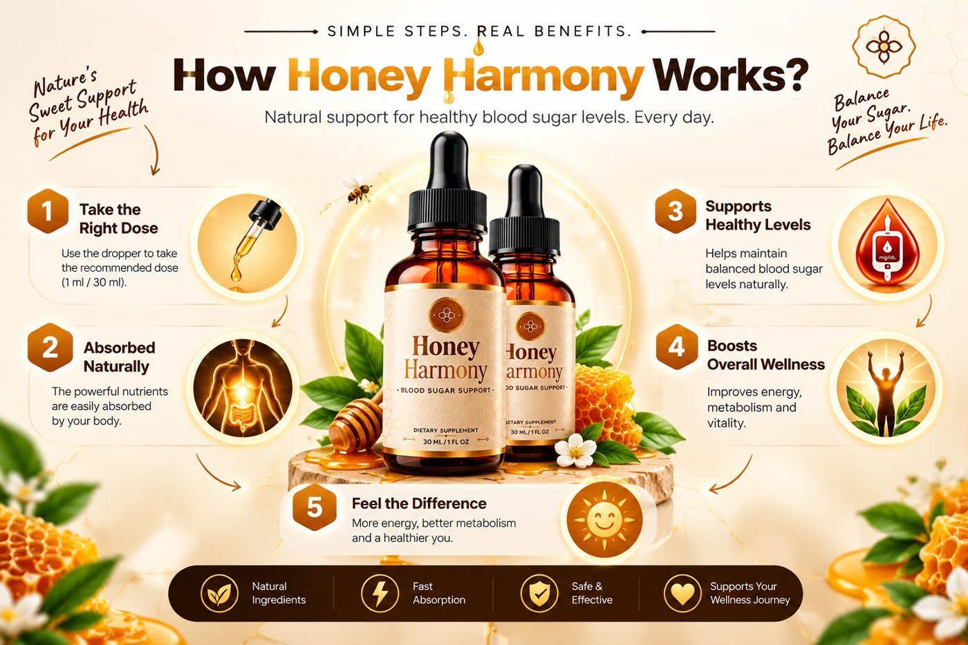 HoneyHarmony five-step how it works: take the right dose, absorbed naturally, supports healthy levels, boosts overall wellness, feel the difference